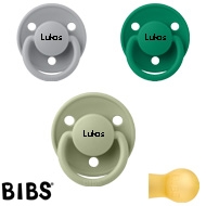 Bibs de Lux sutter med navn (1 Evergreen, 1 Sage, 1 Cloud) Runde Latex str.2, 3 pack